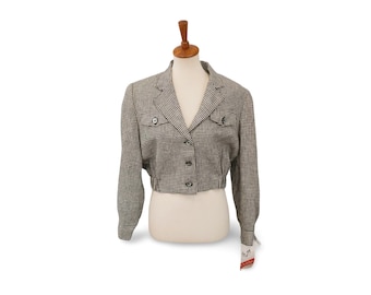 Vintage NOS bomber jacket 8P, black houndstooth, Stephanie Andrews