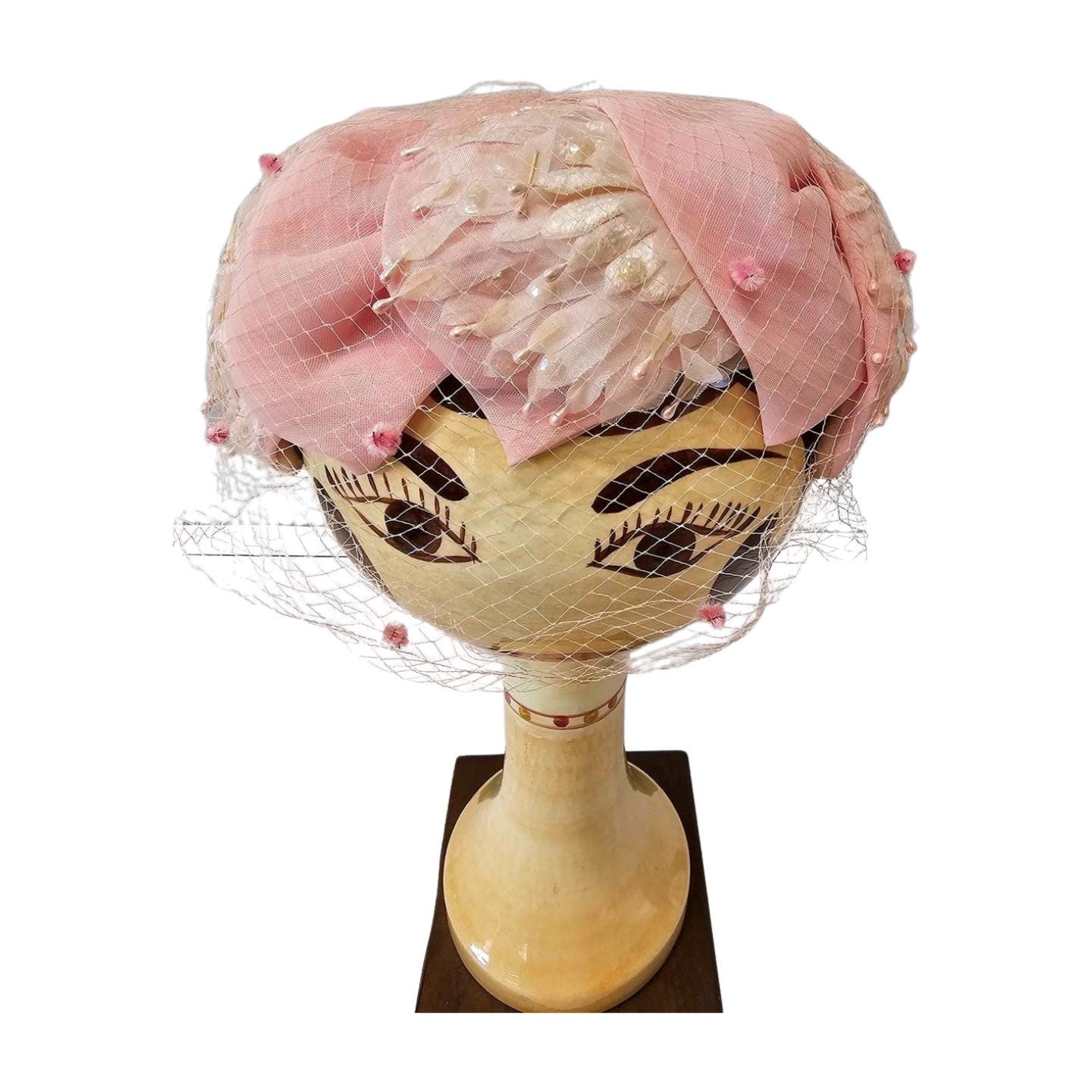 Vintage Union-Made Pink Pillbox/ FASCINATOR  Hat with Veil Pink Pillbox Hat With Flower & Veil main image 4