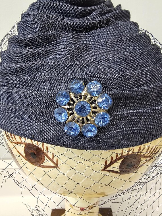 1950s Navy Pleated Pixie Hat with Rhinestone & Ve… - image 2
