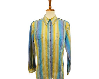 Blusa vintage de rayas de seda 100 % WORTH de los años 80, fabricada en Hong Kong, talla 14