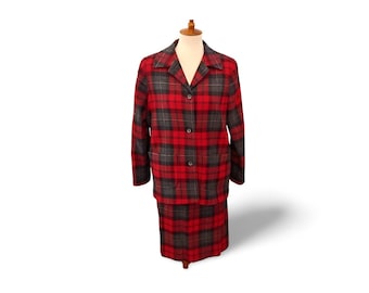 Vintage Wolle Karo Anzug Rot Schwarz Wickelrock Kleine 6