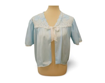 Midcentury blue nylon boudoir bed jacket, Size M, lace trim