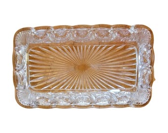 Plateau antique en verre pressé Starburst et bords festonnés