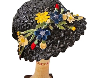 Cappello di paglia nero vintage anni '30 / Sibley Paris Millinery