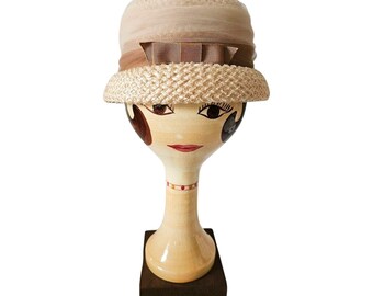 Vintage 1950s Straw Hat Cloche with Bow and Net Trim
