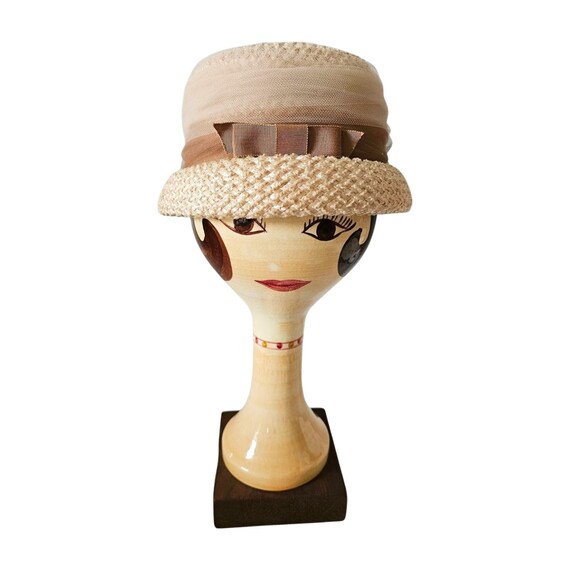 Vintage Styled by Coralie‎ Cloche Hat Cream & Brown Net Veil Dotted Mesh OS Vintage Coralie Hats - Etsy main image 4