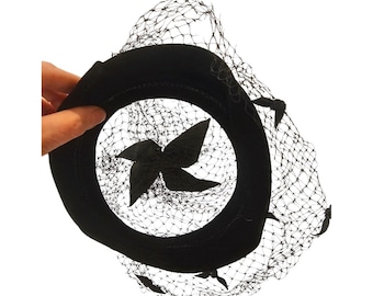 Vintage 1950s 1960s black velvet and netting halo hat, bows, bats, goth