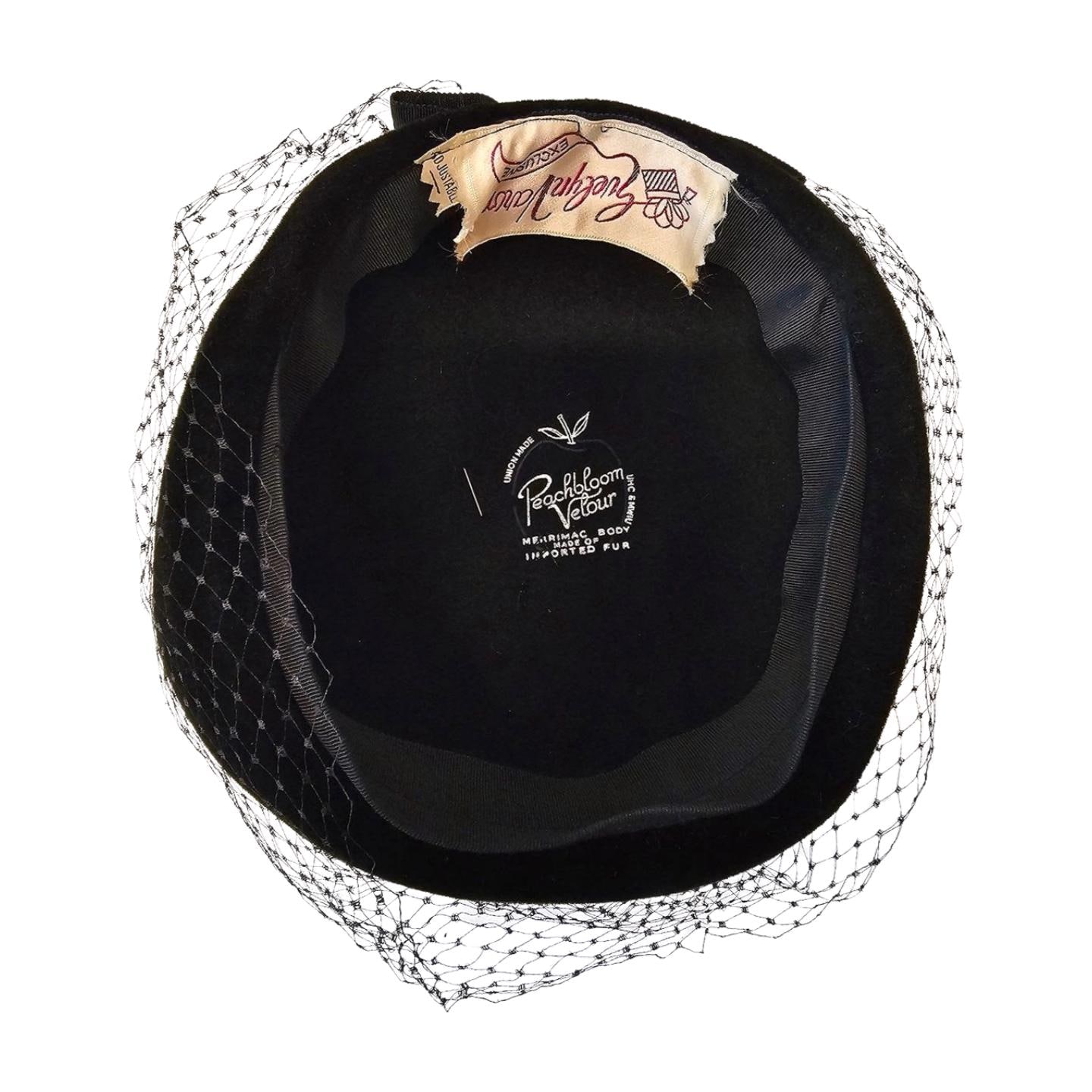 Evelyn Varon Exclusive Merrimac Fur Felt Hat Black Vintage Size 22 Vintage Evelyn Varon Peachbloom Velour Hat, Veil, 1950s  main image 3