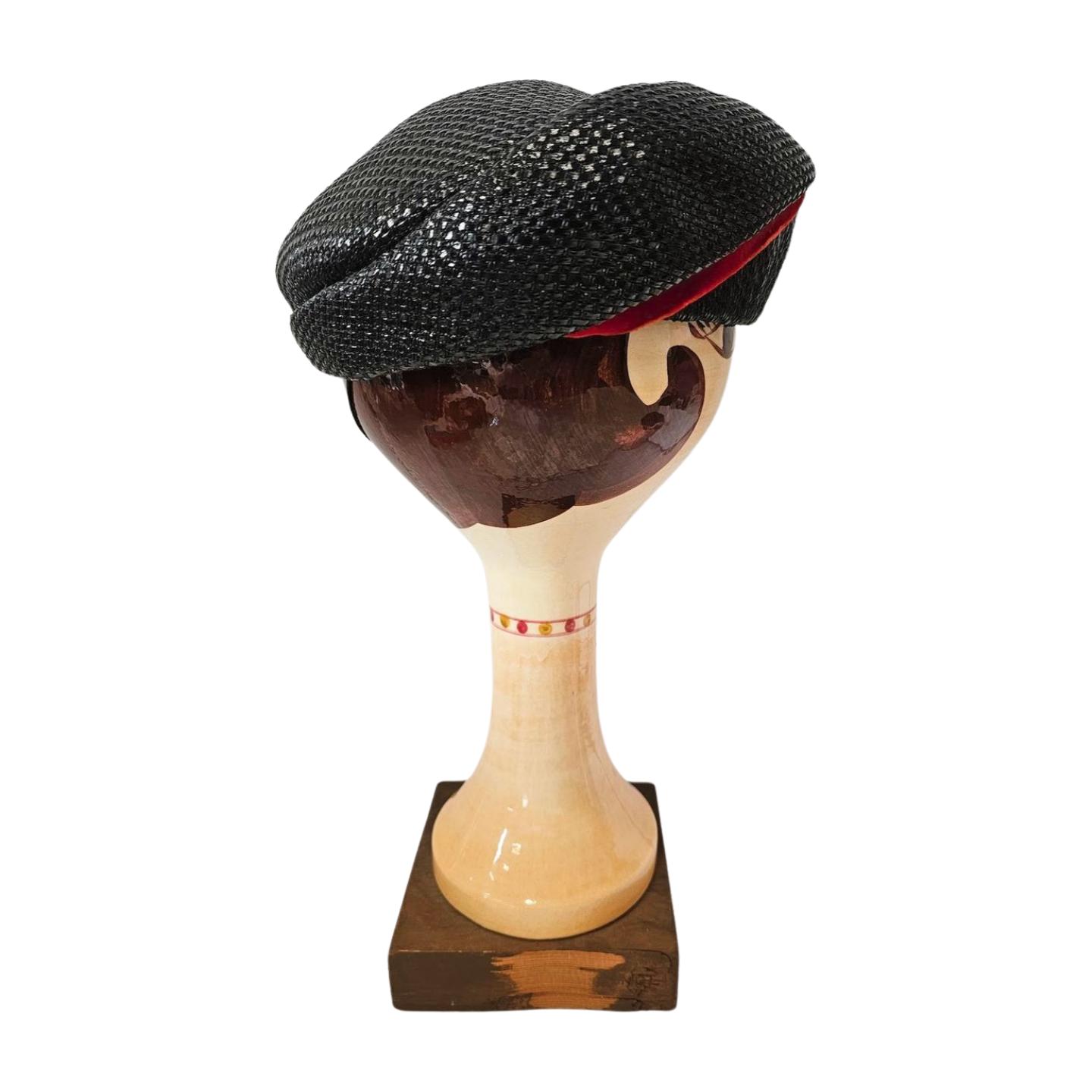 Vintage Black Straw Beret Rivera Red Velvet Trim Helmer