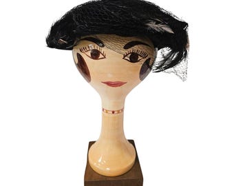 Vintage 1950s Deauville Black Wool Hat with Veil & Feathers