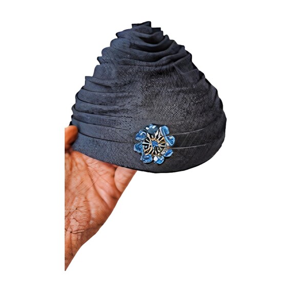 1950s Navy Pleated Pixie Hat with Rhinestone & Ve… - image 7