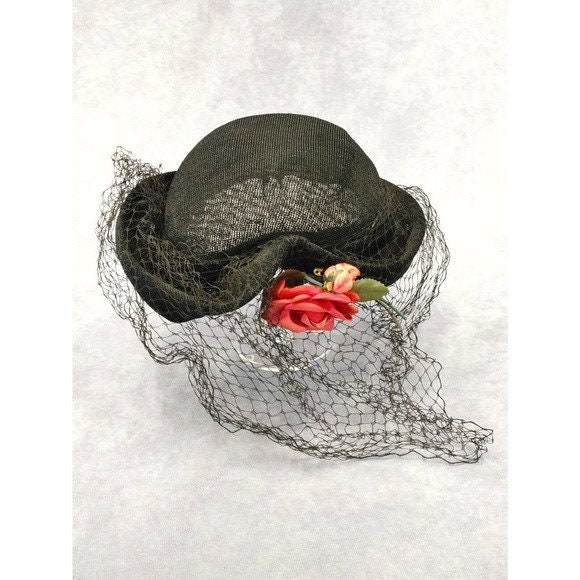 Vintage Black Mesh Hat With Netting Veil and Red Pink Rose  display picture 1