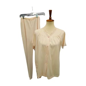Vintage Shadowline Pale Pink Nylon Pajama Set Lace Trim