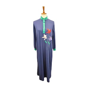 Vintage Blue Nightgown with Floral Appliqués & Green Trim – Size L