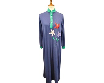 Vintage Blue Nightgown with Floral Appliqués & Green Trim – Size L