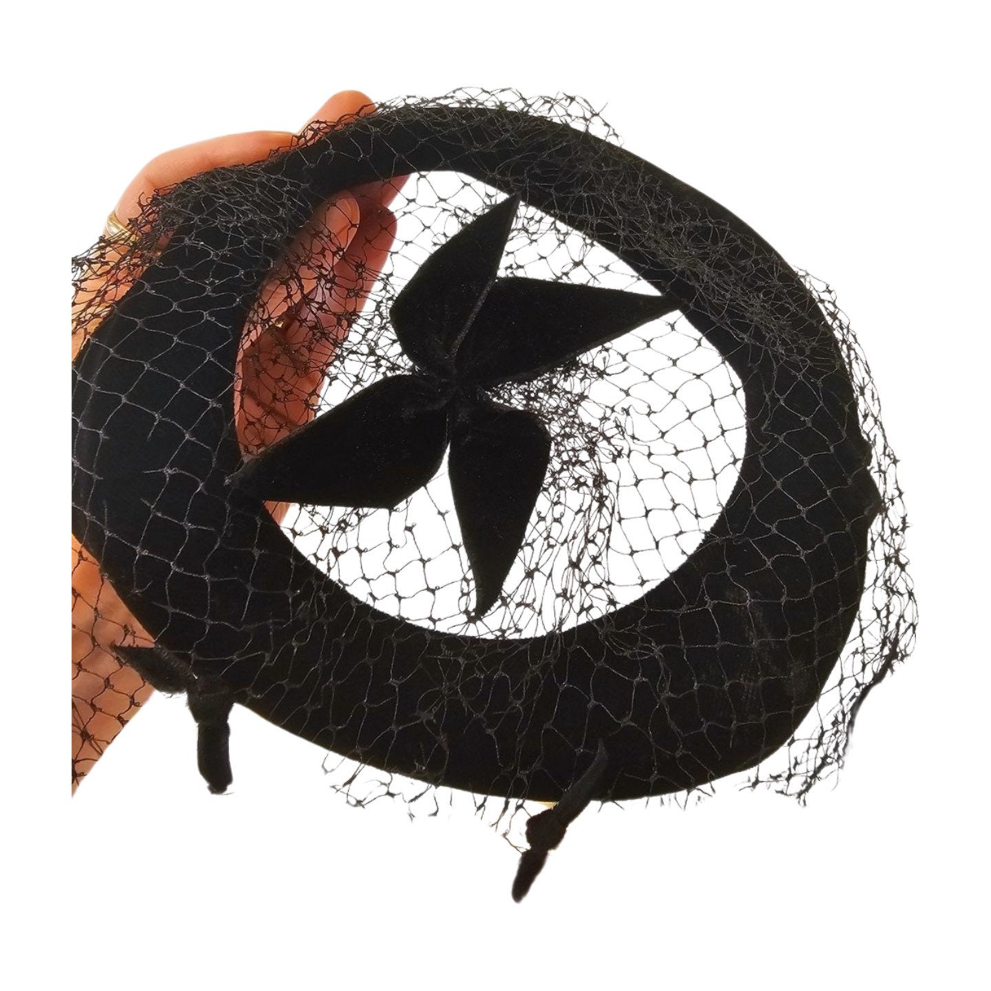 Vintage 1950’s Black Velvet Hat with Net Overlay 1950s Black Wool Hat, Netting & Hatpin | A Classic Beauty main image 3