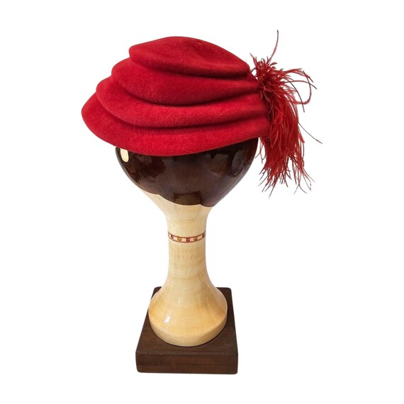 Vintage Wethern’s Red Feather Velour Hat Velour R… - image 2