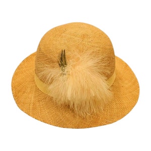 Vintage light straw cloche hat with feathers, grosgrain ribbon band