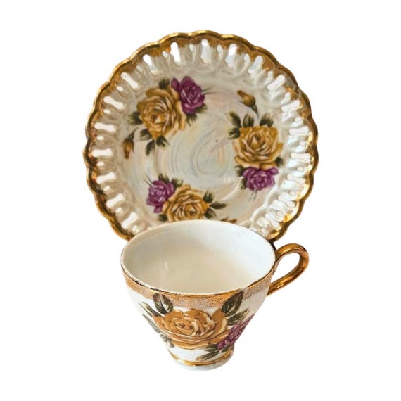Royal Sealy Japan Tea Cup & Saucer Roses Luster Reticulated - Etsy