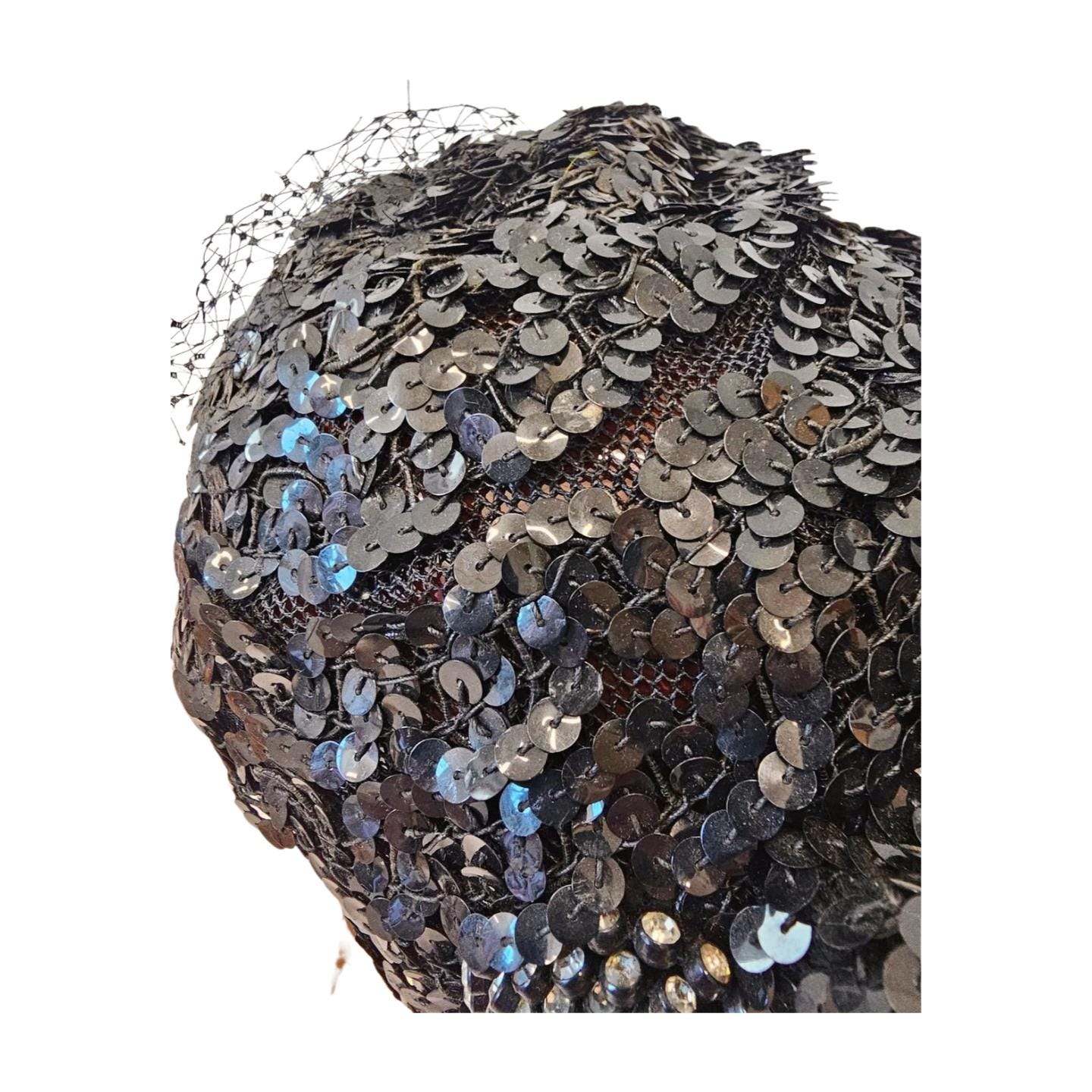 1950s True Vintage Black Cocktail Band Hat Completely Covered With Sequins Vintage 1950s Black Sequin Cocktail Hat With Rhinestone  main image 2