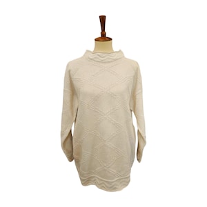 Vintage White Cotton Sweater – Textured Knit, Mock Neck M