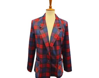 Vintage Dotty Mann Red Navy Plaid Blazer • 80s Tartan Jacket • Unlined Stretch Blazer,  Pockets