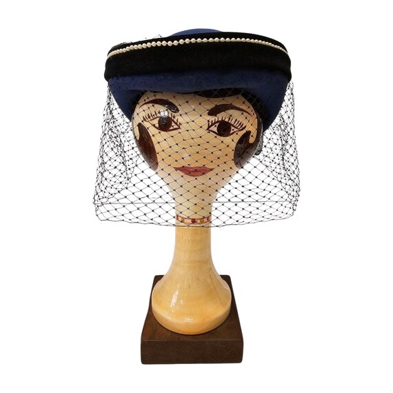 Elegant Vintage 1950\'s Navy Wool Hat with Pearl Detail Vintage 1950s Navy Wool Hat | Net Veil & Pearl Trim | Union  main image 3