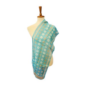 Vintage Flower Power Scarf - Blue, White, Beige, Retro Print