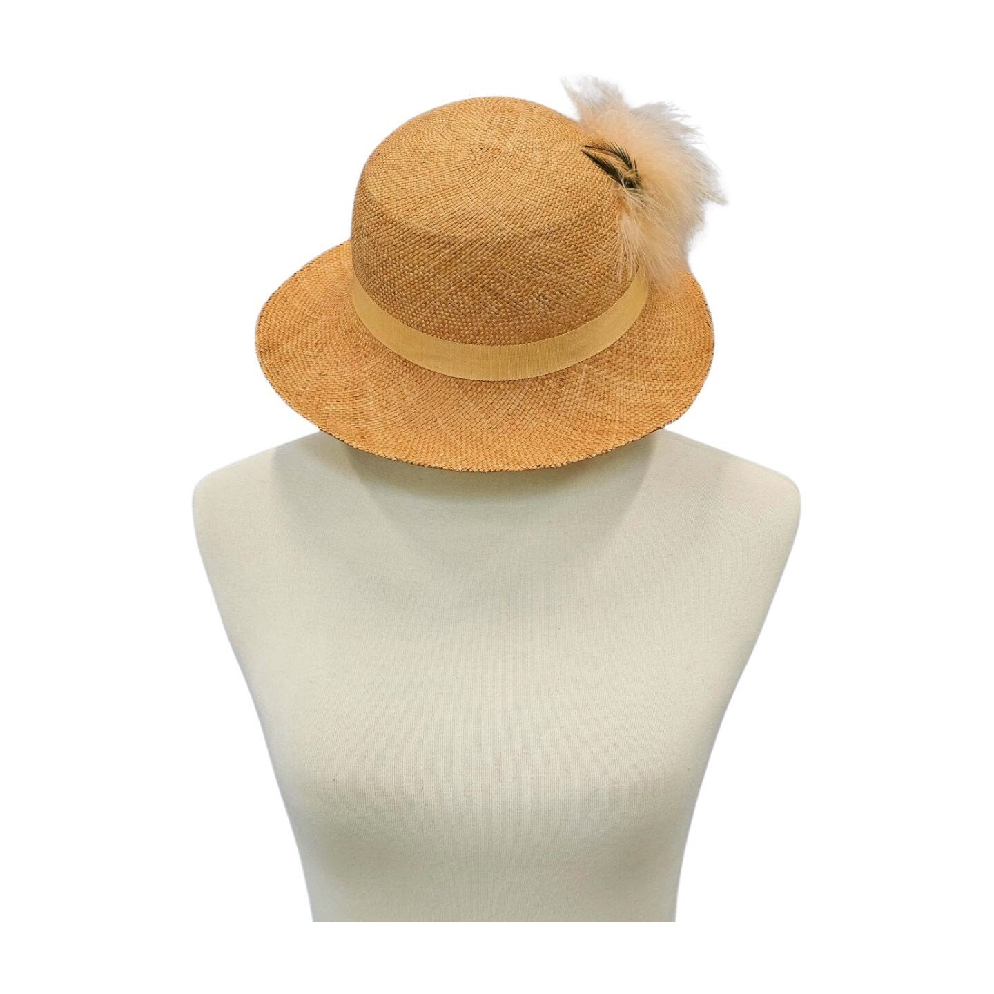 Vintage Light Straw Cloche Hat With Feathers, Grosgrain 