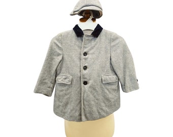 Manteau et casquette en laine pour enfant, années 50, 60, taille estimée 2, 3 dents, doublure, poches