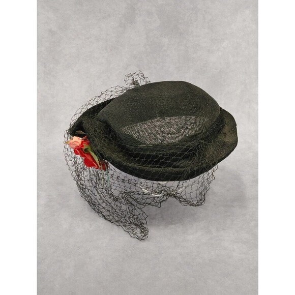 Vintage Black Mesh Hat With Netting Veil and Red Pink Rose  display picture 1