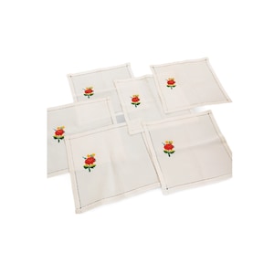 6 vintage linen, hand embroidered flowers on white napkins