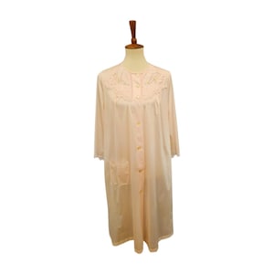 Vintage Pale Pink Nylon Robe Long Button Front Lace Trim