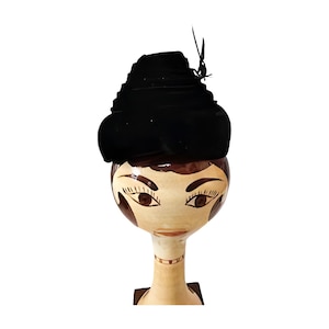 Vintage Sally Victor Hat Black Velvet Beehive & Feather 50s Union Made