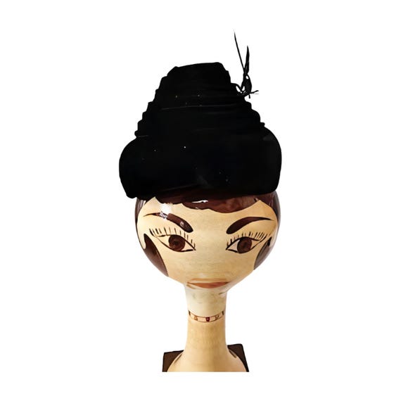 Vintage Sally Victor Black Velour Hat Size 6 NYC Made in USA Vintage 1950s/60s Miss Sally Victor Black Velvet Pillbox Hat  main image 4