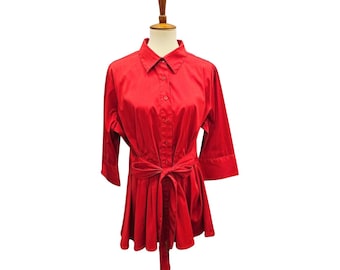 Vintage Red Button Front Top 2X by Cotton Works • Tie Waist Blouse, Collared Stretch • 90s Plus Size • 3 Button Cuff