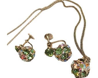 Vintage Weiss Rhinestone Necklace Earring Set | Aurora Borealis Earrings | Mid Century Costume Jewelry