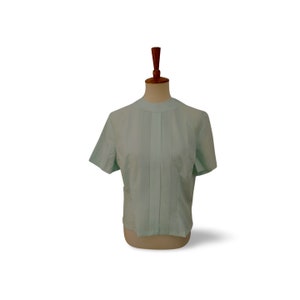 NOS 1960s aqua blouse short sleeve, 38, pintucks, round neck, button back