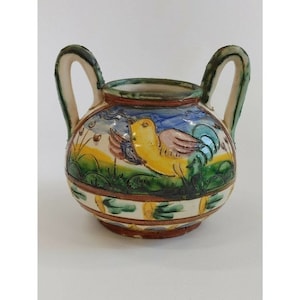 Antique Majolica 2 Handled Bird Sugar Bowl