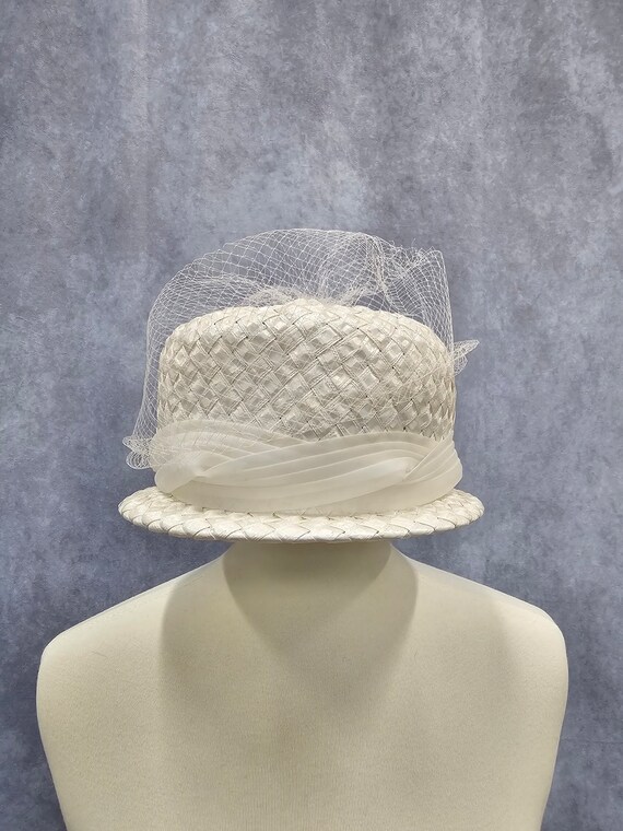 Fab 60s White Straw Hat, Ribbon, Netting, Union Label, Bride  display picture 2