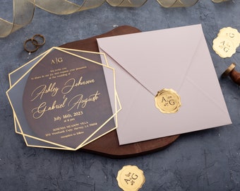 Gold Foil Blush Pink Envelope Wedding Invitation Transparent Acrylic Card, Personalized Wedding Invites