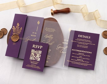 Custom purple and gold foil acrylic wedding invitations with folded envelope and wax seal