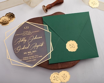 Acrylic Emerald Green Wedding Invitation with Gold Foil Printed, Acrylic Wedding Invites with Emerald Green Envelope