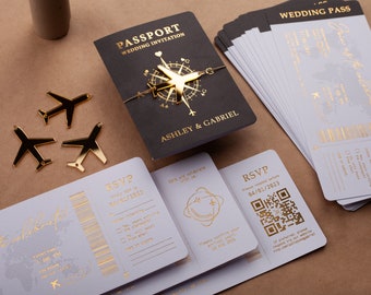 Wedding Passport, Boarding Pass Style, Black and Gold Foil, Destination Theme