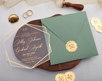 Sage Green and Gold Foil Acrylic Wedding Invitation with Printed Details