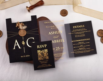 Personalized elegant wedding invite with black and gold acrylic, foil printing for a luxurious touch