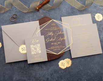 Acrylic Wedding Invitations with Ivory Envelope, Acrylic Wedding Invite with Gold Foil Printed