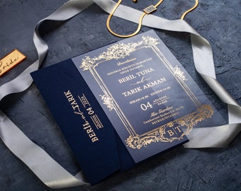 Marineblauwe envelop, goudfolie print op acryl bruiloft uitnodigen, transparante receptie uitnodiging voor luxe bruiloft