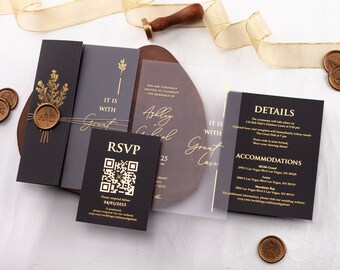 Custom Black and Gold Foil Acrylic Wedding Invitations with Folded Envelope and Wax Seal