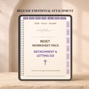 Op de afbeelding: Een digitale tablet met een Reset-werkbladpakket getiteld Release Emotional Attachment, Detachment & Letting Go. De interface bevat tabbladen met de labels Home, Aware, Discern, Bound, Faith, Reflect en Notes, met een centraal kruisicoon.